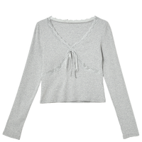 西遇（Westlink）西遇法式浪漫甜美拼接花边蝴蝶结V领T恤女2025春季打底衫上衣