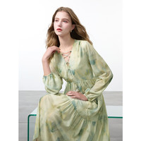 三彩 2025春季新款晕染印花连衣裙V领系带宽松A字裙长裙浪漫M 绿米花卉 S