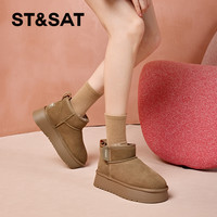 星期六厚底雪地靴女冬皮毛一体短筒加绒加厚保暖外穿棉鞋