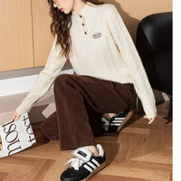 唐狮米白绞花半开襟半高领毛衣女2024套头毛线衫设计感小众qd L