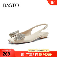 BASTO 2024夏季时髦简约蝴蝶结方头粗跟后空女凉鞋E8011BH4 米色 36