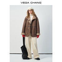 VEGA CHANG仿麂皮外套女2024秋冬翻领两面皮毛一体高级外套 巧克力棕 L