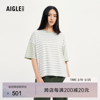 AIGLE 艾高 短袖T恤2024春夏UPF40+防紫外线防晒条纹圆领纯棉女 青新绿 AT453 XS(155/80A)