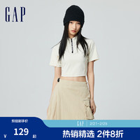 Gap 女装2024夏季弹力半拉链logo小立领短款短袖T恤上衣876152 米白色 175/92A(XL) 亚洲尺码