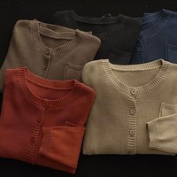 子牧棉麻 女简约纯色圆领宽松显瘦针织单排扣开衫外套1967 咖色 均码(90-145斤)