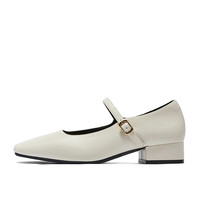 森达银色玛丽珍鞋女款秋粗跟方头浅口单鞋ZCC54CQ4 米白 34