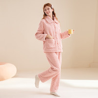 芬腾 睡衣女秋冬季少女感保暖翻领开衫长袖家居服套装 虾粉 M