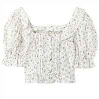 西遇法式上衣2024年夏季简约气质碎花方领泡泡袖收腰衬衫女 白色 M