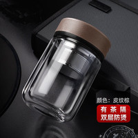 柏蝶莱 加厚双层玻璃杯商务带手柄家用水杯便携车载办公室泡茶杯 简约款皮纹棕 升级加厚款