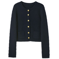 三彩2024冬季绞花针织衫短款单排扣开衫圆领毛衣复古女 藏青色 S