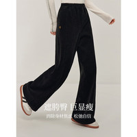 茵曼（INMAN）双面雪尼尔宽松直筒裤2024冬女装松紧高腰阔腿休闲保暖长裤子 黑色 XL