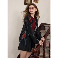 三彩2025春季新款菱格毛衣外套圆领落肩袖针织衫流苏毛衫复古M 藏青色