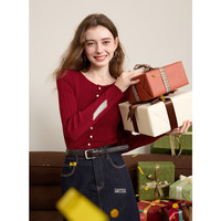 三彩2025春季坑条针织衫圆领毛衣开衫修身正肩长袖复古M 酒红 XL