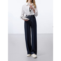 三彩2025春季高腰宽松休闲裤阔腿裤直筒垂感长裤显瘦M 深海蓝 S 155/64A