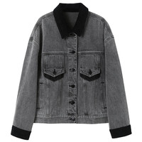 三彩2025春季宽松纯棉水洗牛仔外套复古翻领长袖夹克上衣M 黑巧克力 S 155/80A