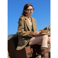 三彩女装2024冬季西装呢大衣绵羊毛外套宽松正肩中长复古女 咖啡色 XL 170/92A