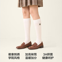 松山棉店袜子女过膝条纹长棉袜日系韩版学院风日系大腿袜长筒袜子 徽章刺绣-白色 1双 均码 （女35-40码）