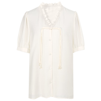 三彩2024夏季新款新中式小衫醋酸衬衫木耳边V领盘扣衬衣短袖文艺  S 155/80A