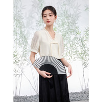 三彩2024夏季新中式小衫醋酸衬衫木耳边V领盘扣衬衣短袖文艺 奶白色 L 165/88A 165/88A/L