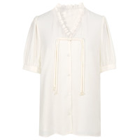 三彩2024夏季新中式小衫醋酸衬衫木耳边V领盘扣衬衣短袖文艺 奶白色 XL 170/92A 170/92A/XL