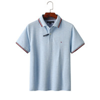 TOMMY HILFIGER polo衫男棉短袖休闲翻领夏 天蓝色带边 常规