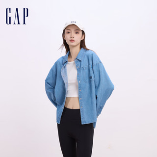 Gap 女士纯棉牛仔布刺绣logo口袋长袖衬衫外套 645564 中度水洗 M