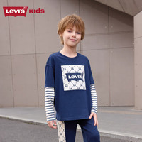 LEVI'S李维斯童装男女童纯棉长袖T恤春秋儿童假两件长T打底衫 深靛蓝 140/68