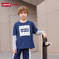 LEVI'S李维斯童装男女童纯棉长袖T恤春秋儿童假两件长T打底衫 深靛蓝 150/72