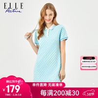 ELLE Active 24年夏季菱格纹Polo领连衣裙优雅气质撞色翻领短袖针织连衣裙 浅蓝/白色 S