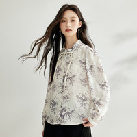 茵曼国风新中式立领长袖衬衫女文艺印花盘扣气质衬衣上衣 白底灰花 L