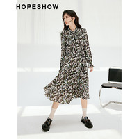 红袖木耳边显白气质连衣裙春秋季新款女装印花收腰显瘦舒适简约长裙 咖花622