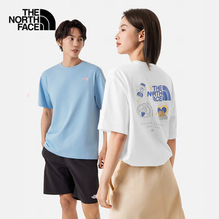 北面（The North Face）短袖T恤男女同款爱心宽松帐篷露营休闲半袖24春夏|8DEM QEO/蓝色 XL