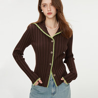 范思蓝恩海军领针织开衫女秋装2024撞色边气质复古上衣13140 咖色 XS