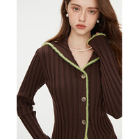 范思蓝恩海军领针织开衫女秋装2024撞色边气质复古上衣13140 米色 XL