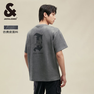 杰克·琼斯（JACK&JONES）25年男装短袖t恤男士春夏季宽松重磅宽松潮流哥特字母仿麂皮半袖  常规