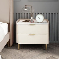 紫云山 轻奢意式极简约现代全实木床头柜岩板奶油风小型卧室家用床边柜子 卡其_白 宽50cm*长40cm*高50cm