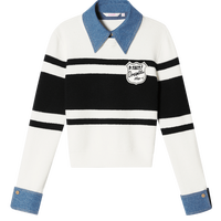 SALT.P可颜春款翻领牛仔拼接黑白条纹学院风针织衫