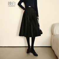 晚白2025春季新款纯色高腰褶皱裙子气质百搭休闲通勤及膝半裙
