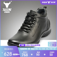 XGN 小公牛男鞋时尚潮头层牛皮高帮休闲旅游鞋英伦风皮靴户外中帮靴子 奥特黑色 39