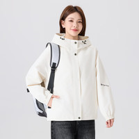 快鱼户外登山夹克女2025年春季宽松休闲舒适百搭连帽撞色外套 米白色 L