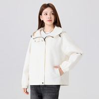 快鱼户外登山夹克女2025年春季宽松休闲舒适百搭连帽撞色外套 米白色 M