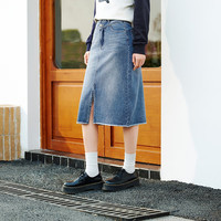 森马 Semir半身裙女高腰开叉春夏牛仔直筒短裙子103124120002 牛仔浅中蓝88601 2XL