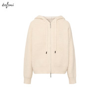 伊芙丽（eifini）伊芙丽连帽休闲宽松系带软糯厚实毛针织衫外套2024冬季毛衣女 米驼色  L 115-130斤