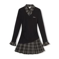 假两件修身连衣裙女2025春复古学院风异料拼接翻领百褶裙子