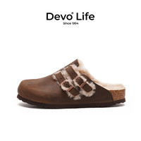 Devo Life Devo/的沃软木拖鞋女包头半包加绒保暖冬季复古日系半拖外穿22003