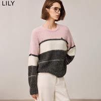 丽丽LILY冬女装含绵羊毛休闲撞色条纹套头圆领针织衫毛衣秋装 120浅粉 M