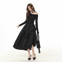 斜肩修身连衣裙女2025春季不规则裙摆高级感收腰A字长裙