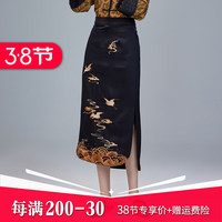 陌遇 2024春夏中国风原创复古刺绣改良旗袍裙中长款中式半身裙 黑色 S