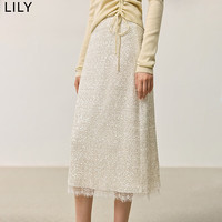 丽丽LILY秋新款女装优雅重工亮片拼接立体蕾丝氛围感直筒半身裙女