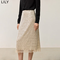 丽丽LILY秋女装优雅重工亮片拼接立体蕾丝氛围感直筒半身裙女 120浅粉 S